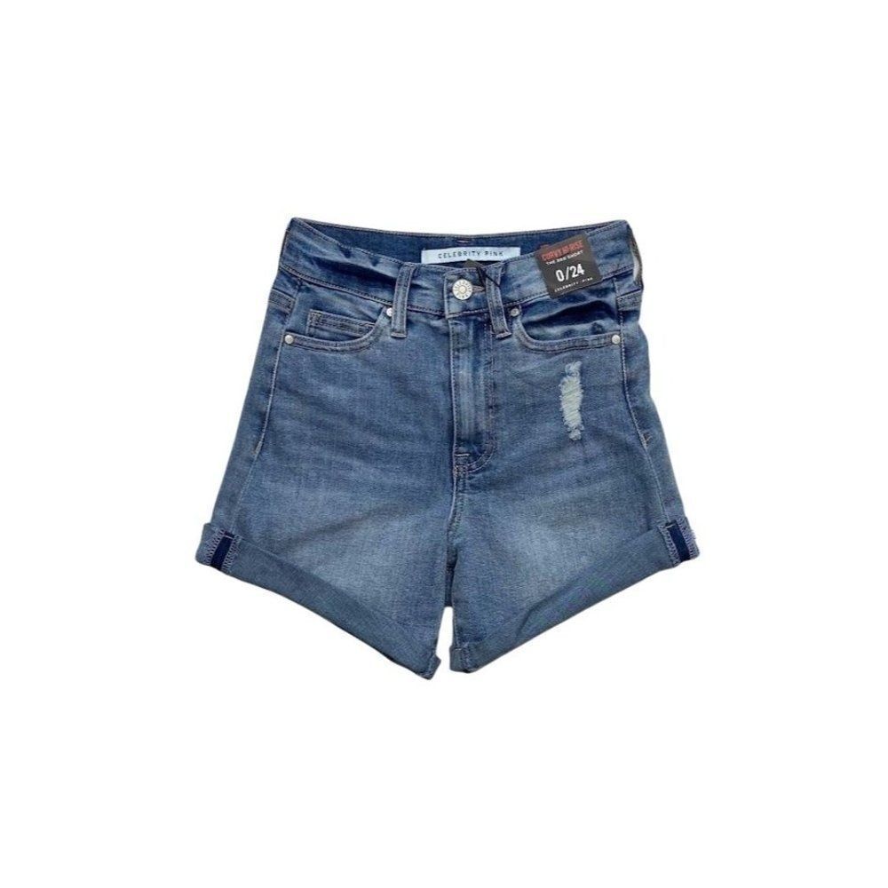 Celebrity‎ Pink Curvy Fit Jean Shorts 0 Blue Juniors' Cuffed Stretch Distressed